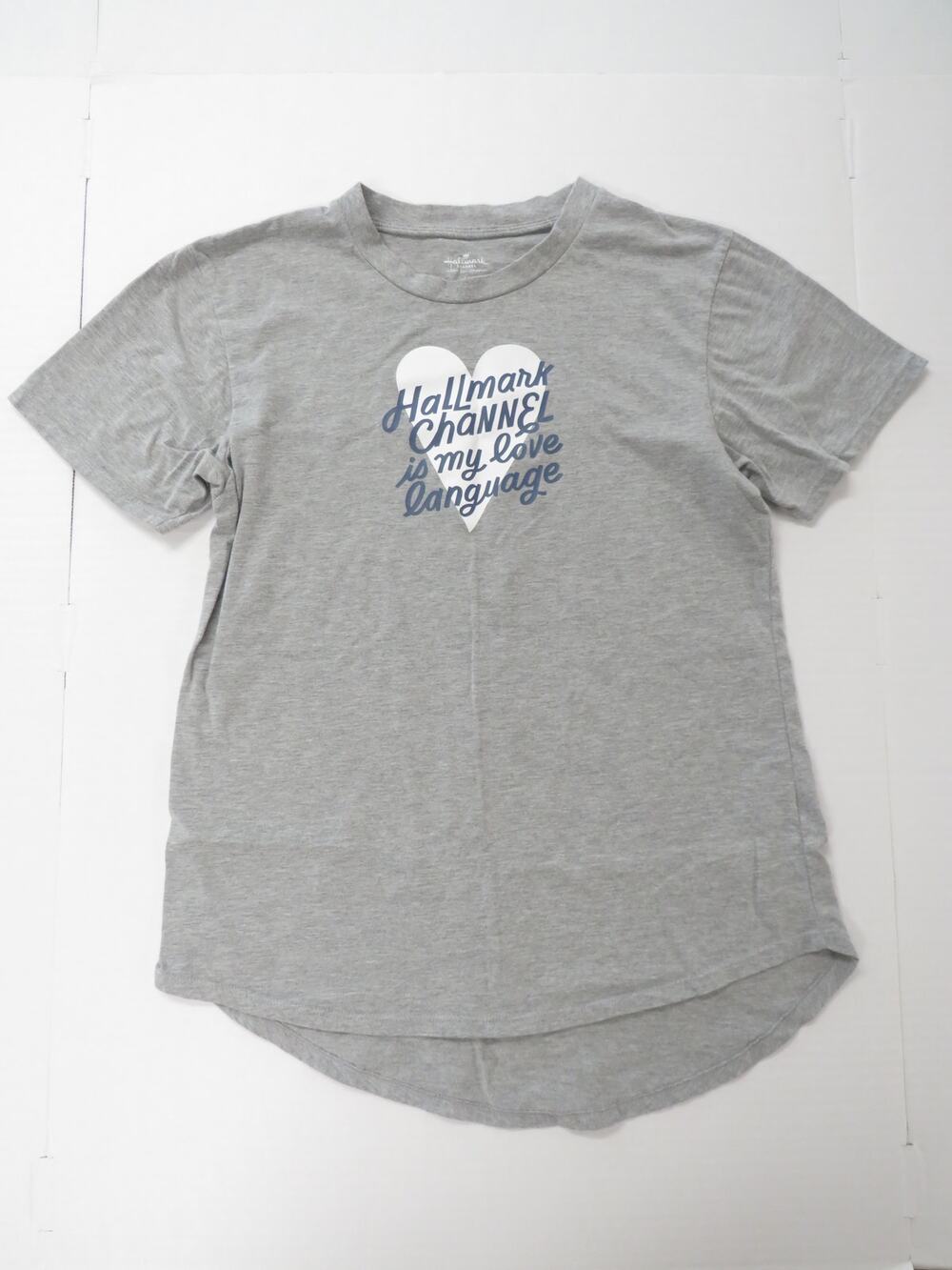 Hallmark Channel Women’s Medium T-Shirt My Love Language Grey Heart Hunks Movies